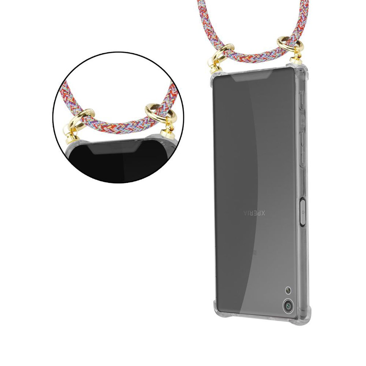 Ein Telefon mit transparenter Hülle und buntem Riemen. Das Telefon ist schwarz und trägt das Wort XPERIA.