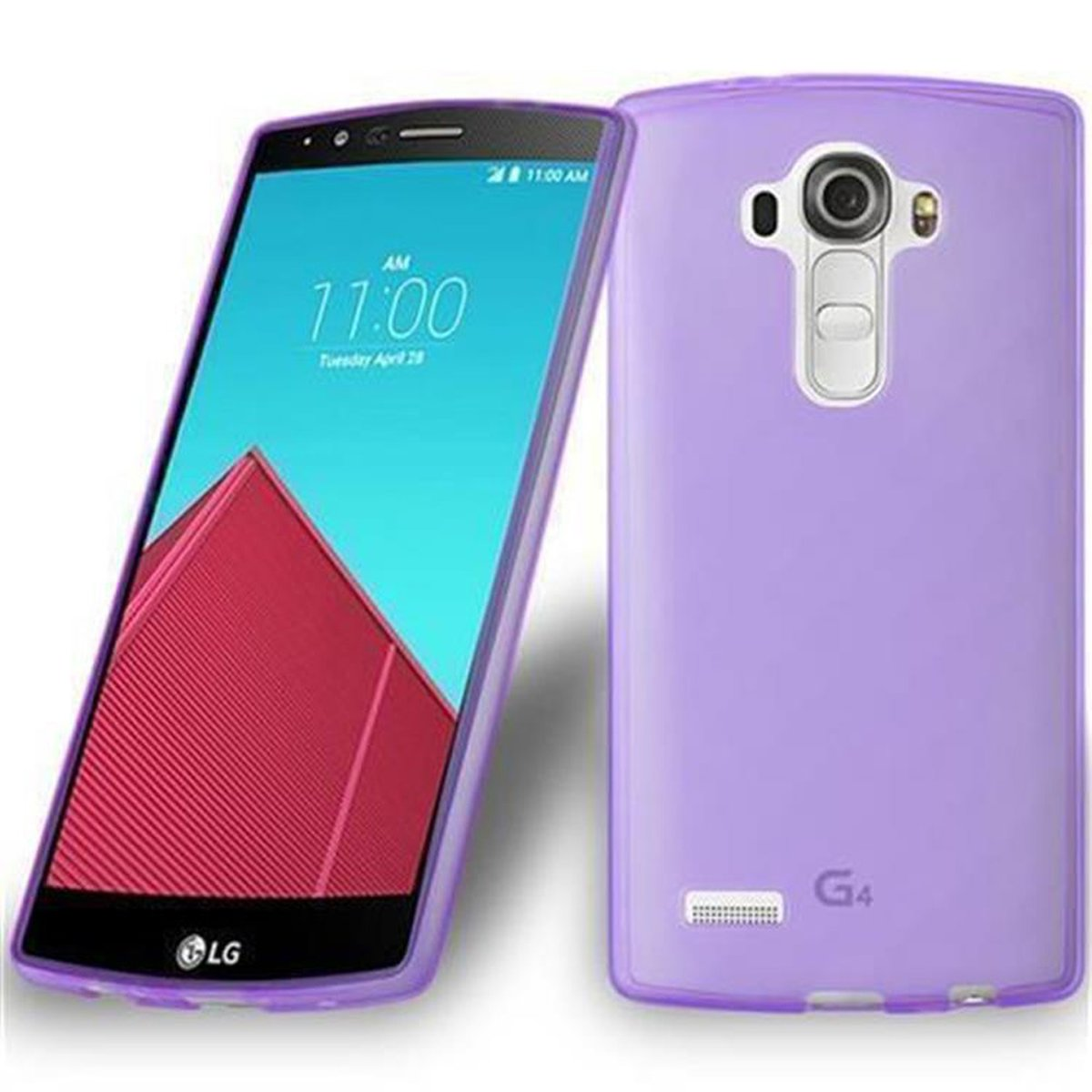 Teléfono morado. Funda morada. Hora en pantalla. Fondo blanco.
