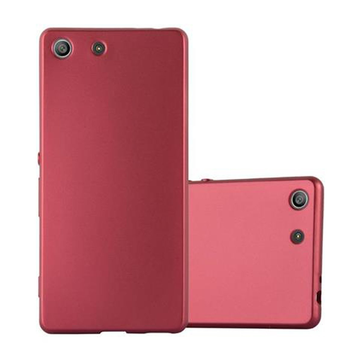 Due custodie rosse per telefono, una con fotocamera sul retro.