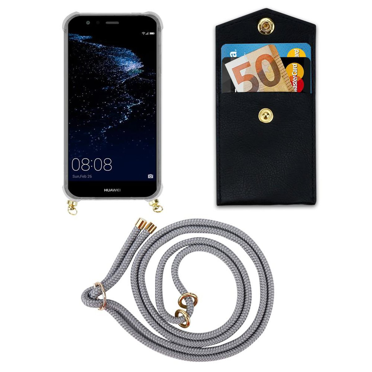 CADORABO Handy Kette mit P10 Backcover, Hülle, Gold GRAU LITE, und Ringen, Huawei, abnehmbarer Band SILBER Kordel