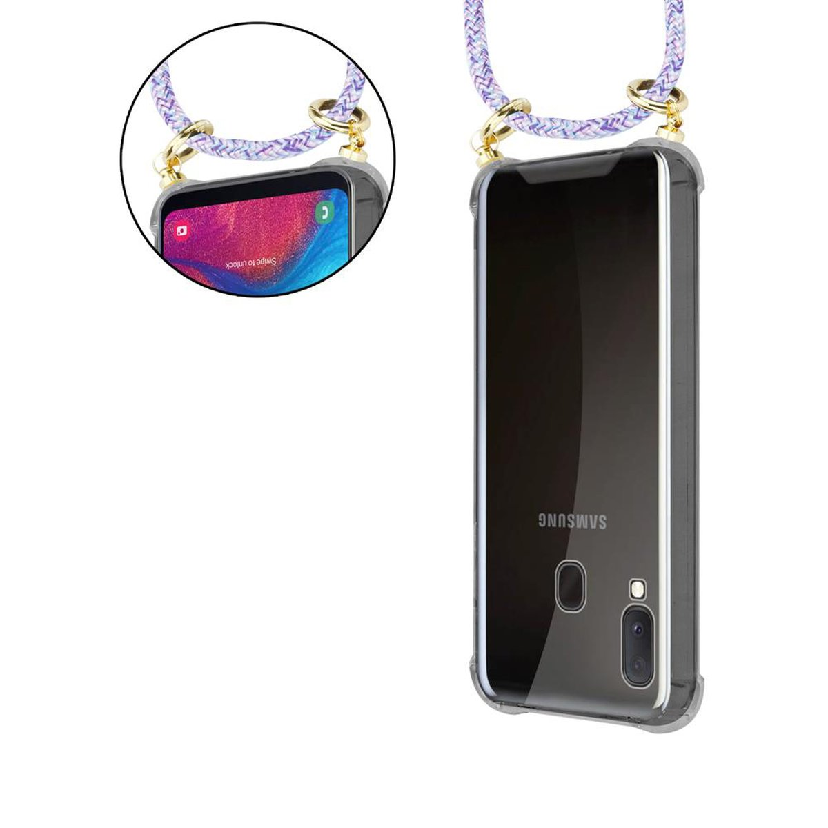Telefono in una custodia trasparente con un cordino. Il cavo è viola e bianco. Il logo Samsung è visibile.