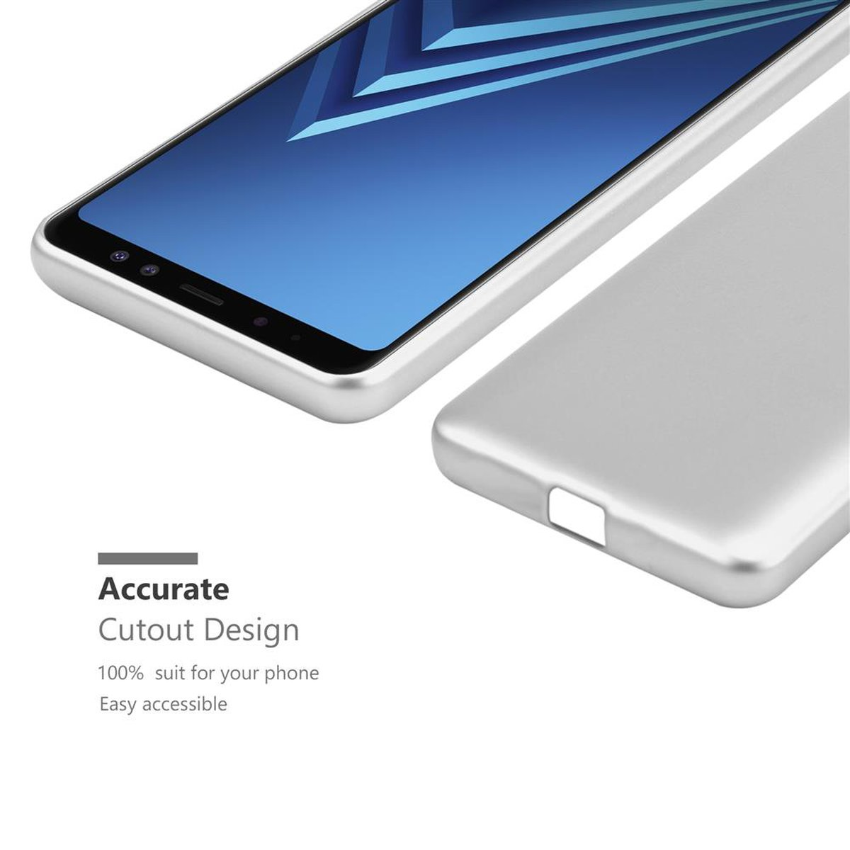 Ein Telefon in einer silbernen Hülle. Die Hülle hat ein präzises Ausschnittdesign für das Telefon.