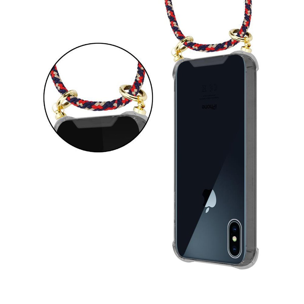 CADORABO Handy Kette Gold / Hülle, XS, Kordel X Ringen, ROT Apple, und Backcover, mit GELB BLAU Band iPhone abnehmbarer
