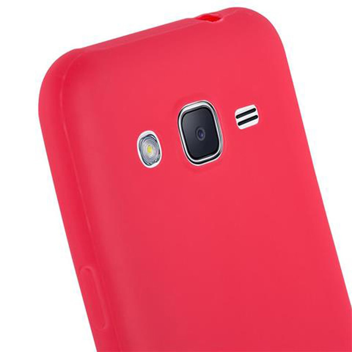 Un primo piano di un telefono rosso. Il retro del telefono è visibile.
