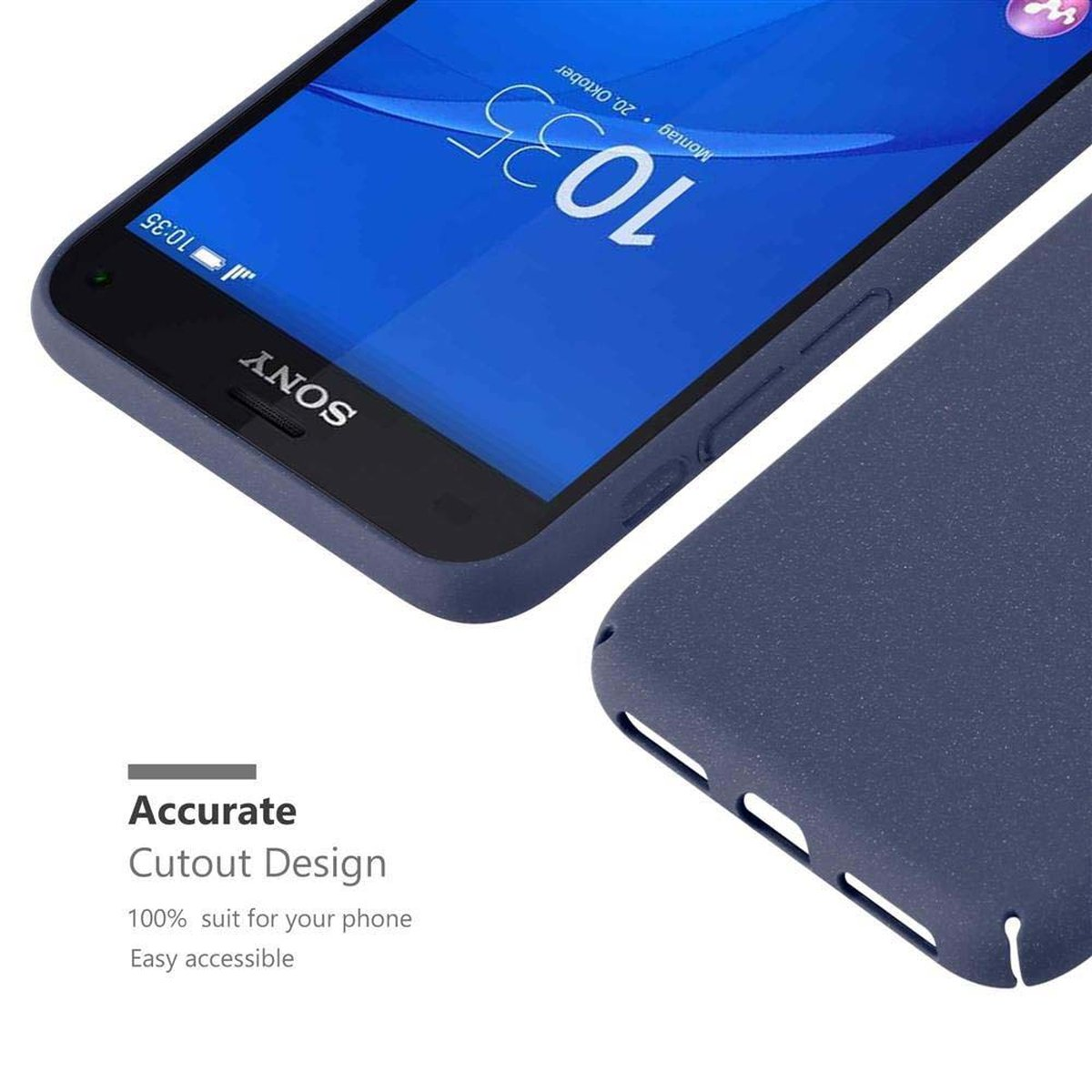 Ein Telefon in einer blauen Hülle. Die Hülle hat ein präzises Ausschnittdesign für das Telefon.