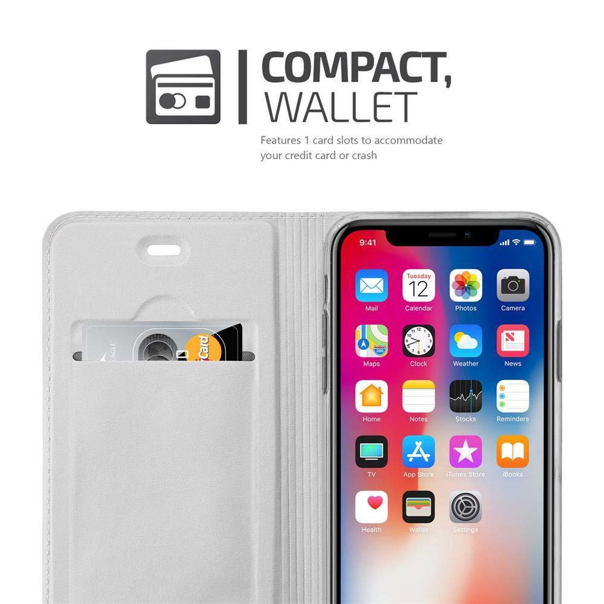 Telefono in una custodia a portafoglio, che mostra la schermata iniziale con le icone. Carta di credito in uno slot. Sfondo bianco.