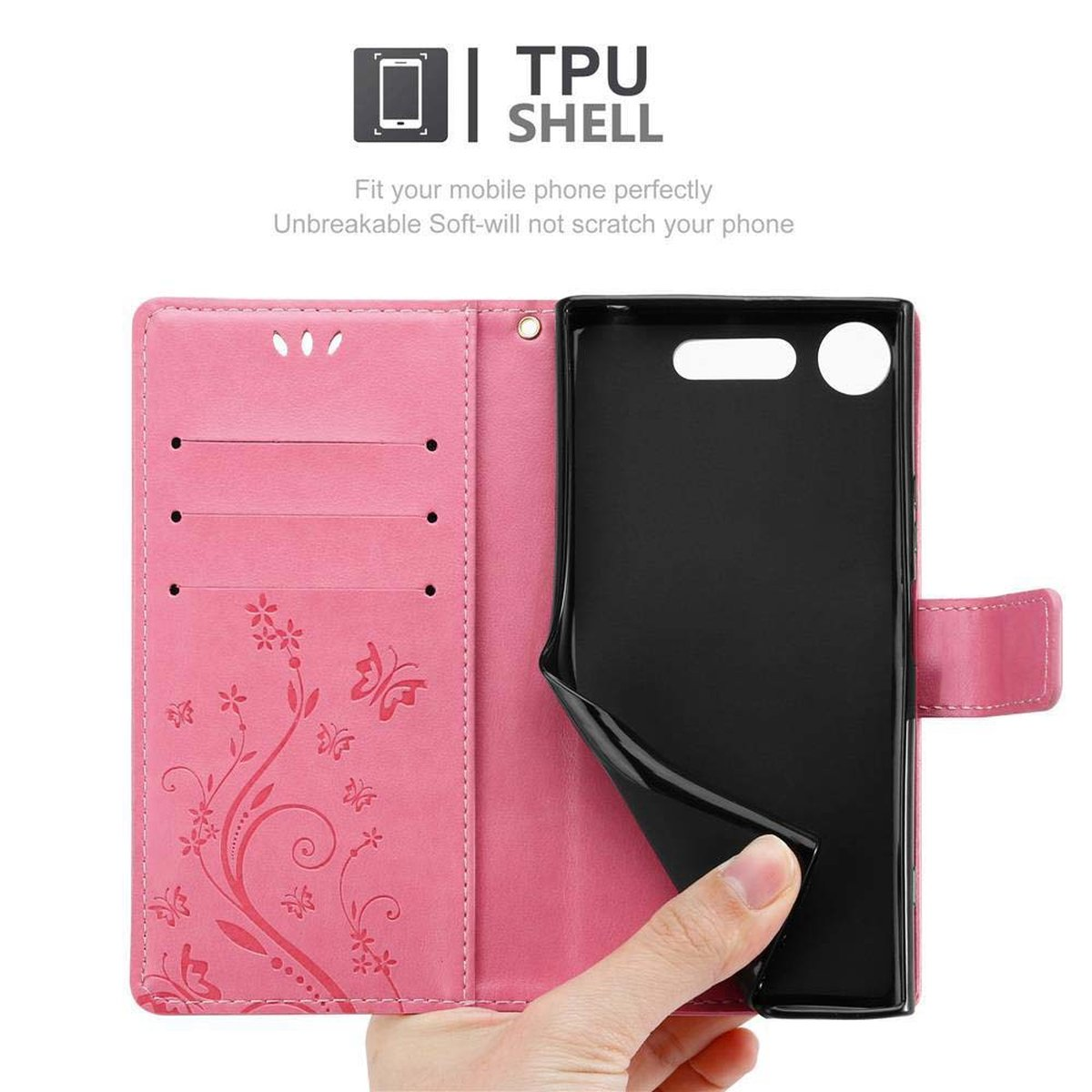 Una custodia rosa aperta con un telefono dentro. La custodia ha un design floreale. Testo: TPU Shell.