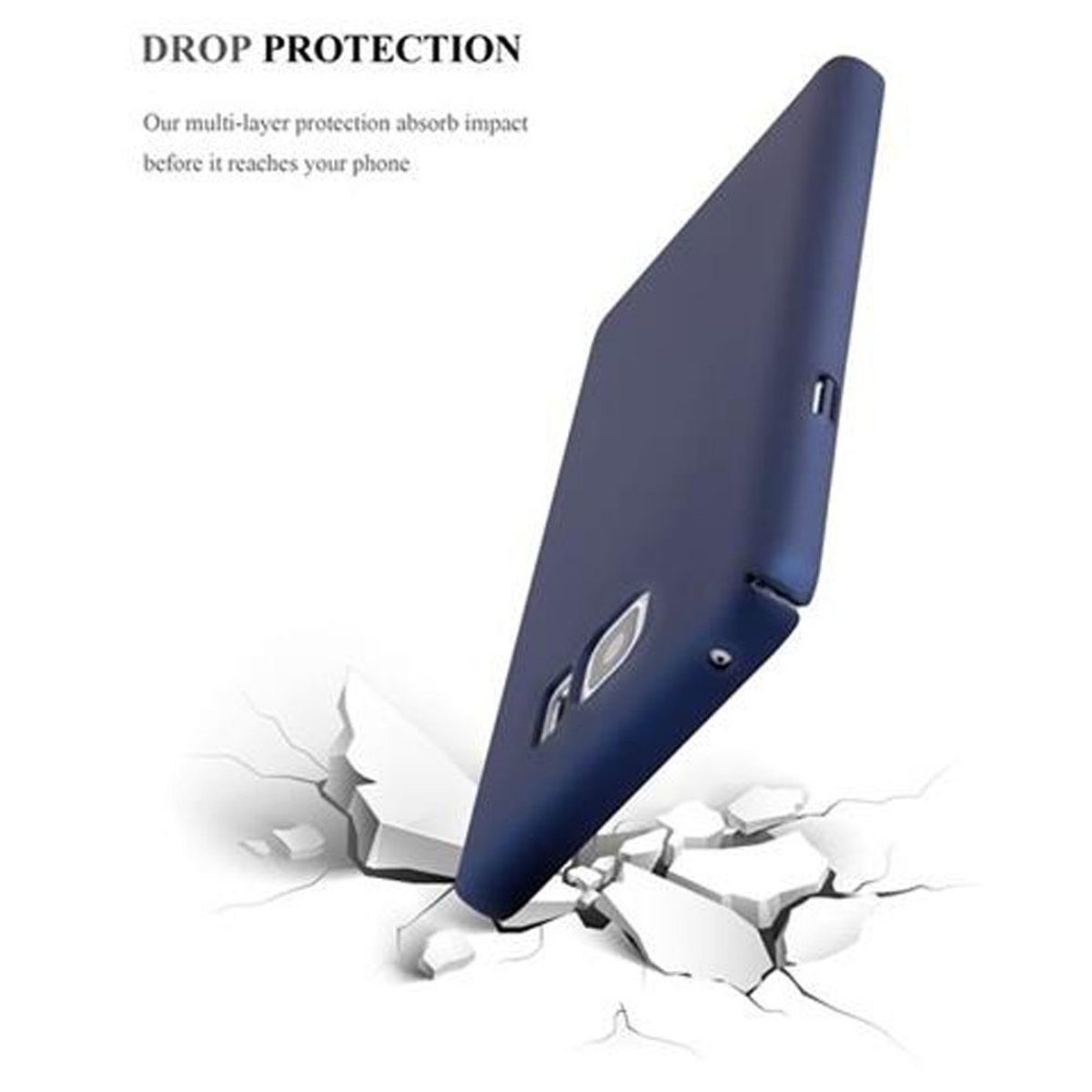 Blaue Handyhülle fällt und zerbricht die darunter liegende Oberfläche. Text: „Drop Protection“.