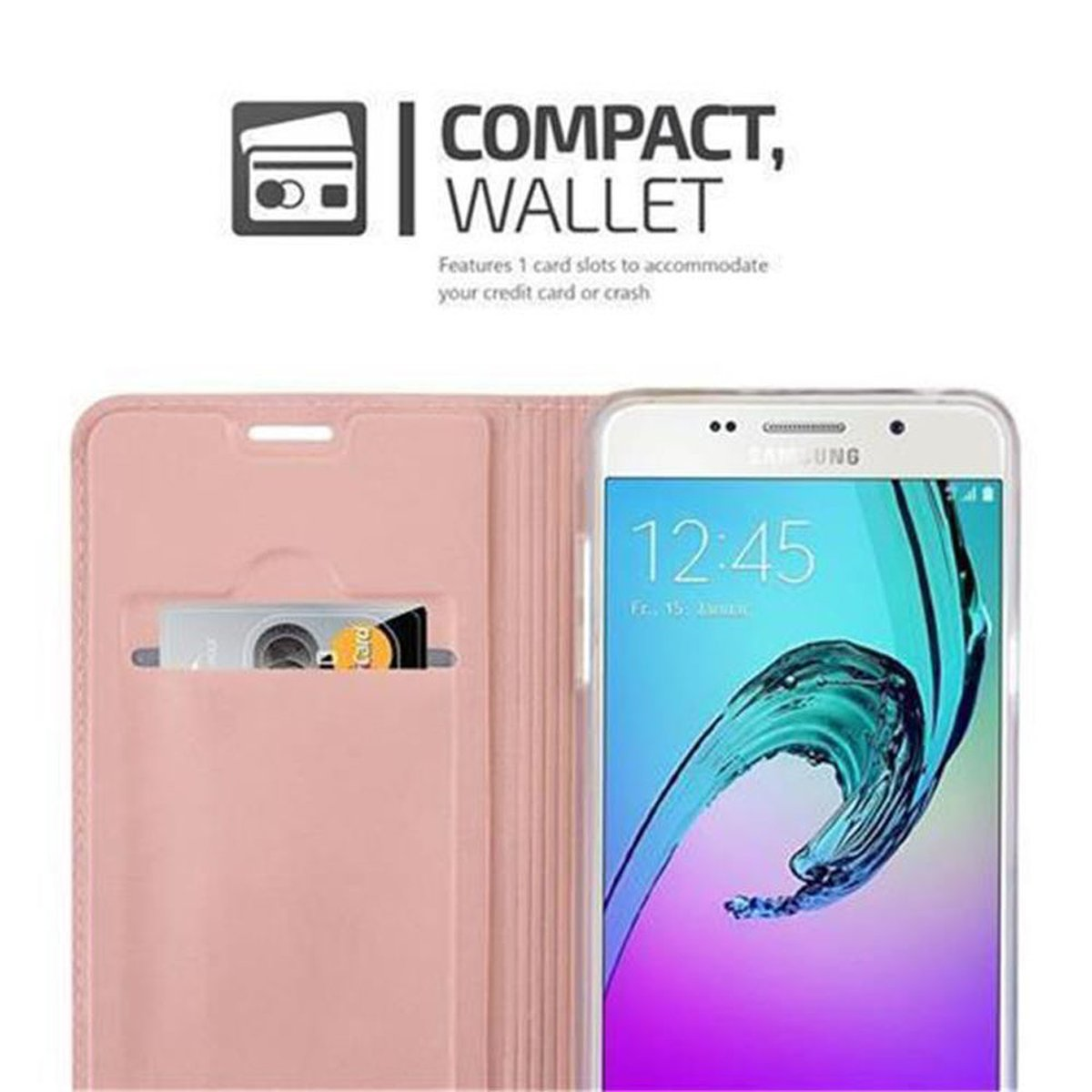 Un telefono in una custodia a portafoglio rosa. La custodia è aperta, mostrando uno slot per carte con una carta.