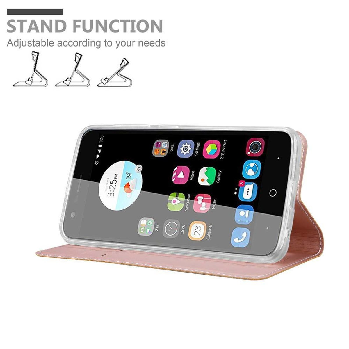 Teléfono en funda, abierto para mostrar aplicaciones y hora. Funda rosa y fondo blanco con función soporte.