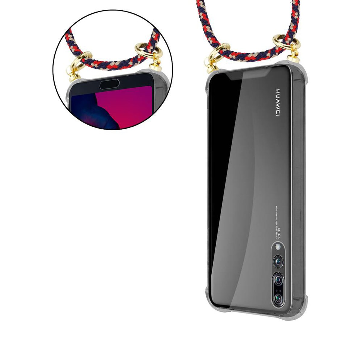 Telefono Huawei con custodia e cinturino rosso e bianco. Il telefono è nero.