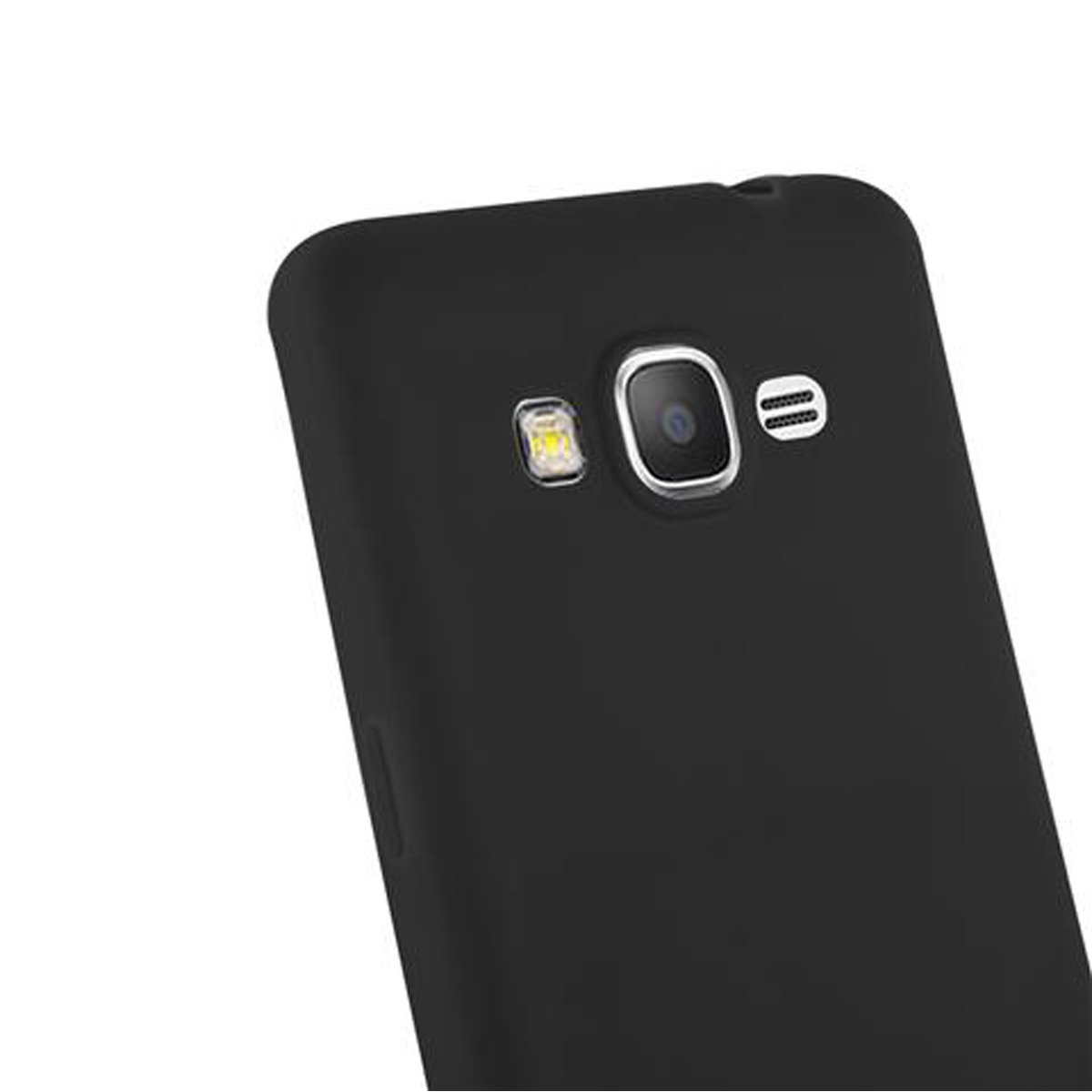 Una custodia nera per telefono che mostra il retro del telefono con fotocamera e flash.