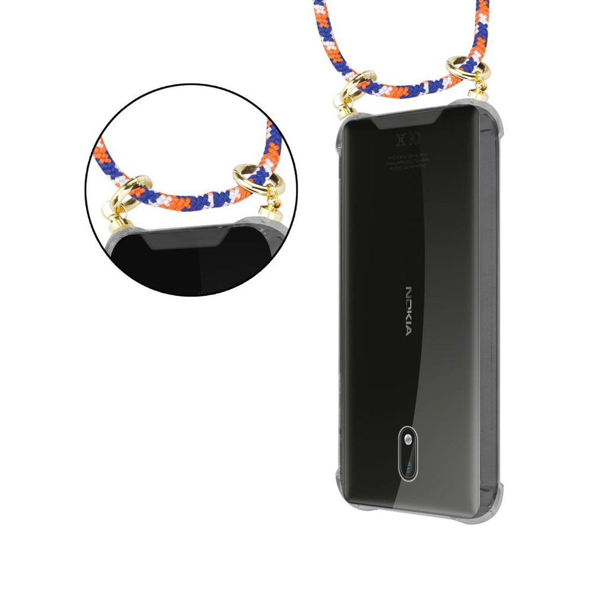 CADORABO Handy Kette mit Gold 3 Backcover, 2017, abnehmbarer Ringen, und Hülle, Band ORANGE WEIß BLAU Kordel Nokia