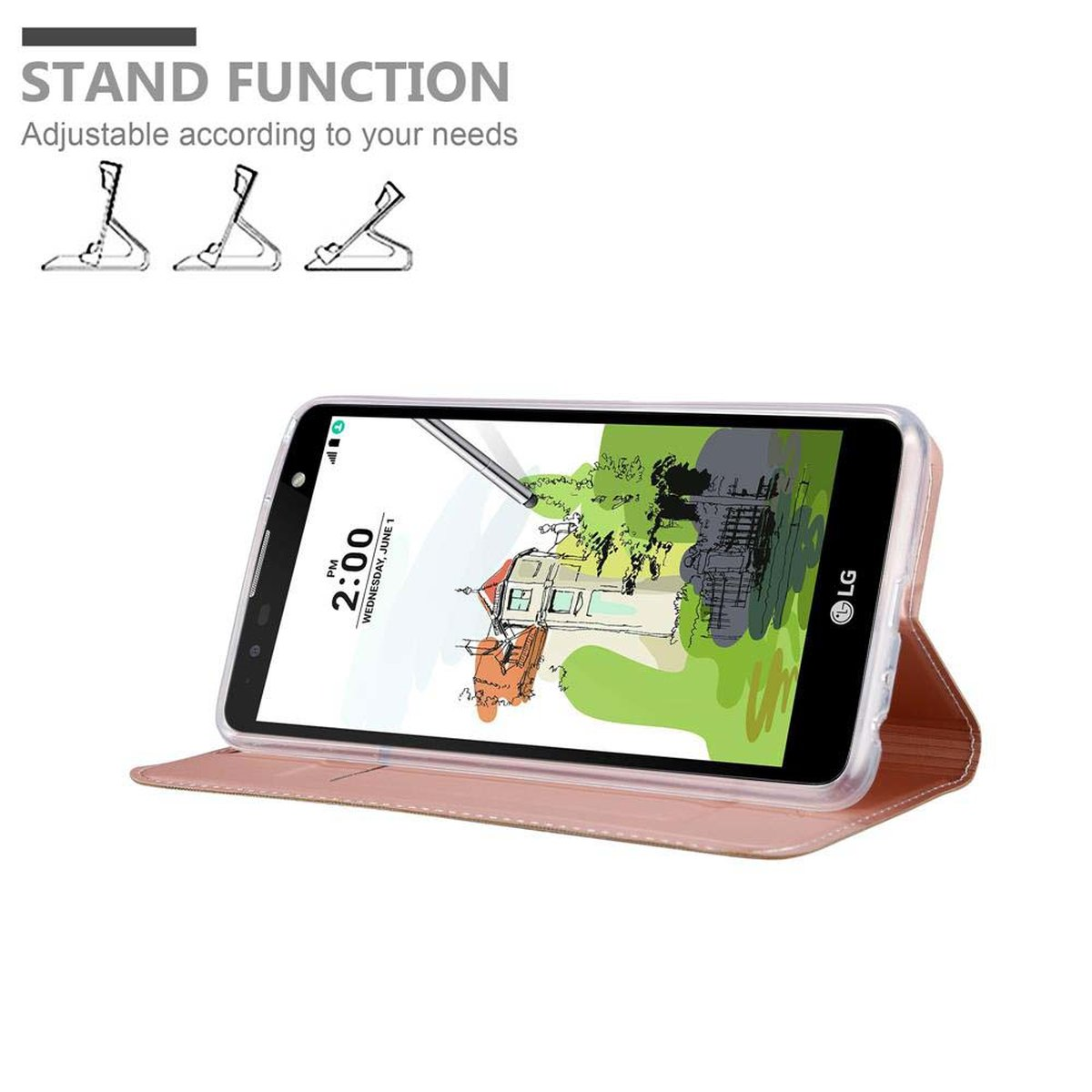 Un telefono è all'interno di una custodia rosa, aperto con uno stilo sullo schermo e testo: Funzione supporto.
