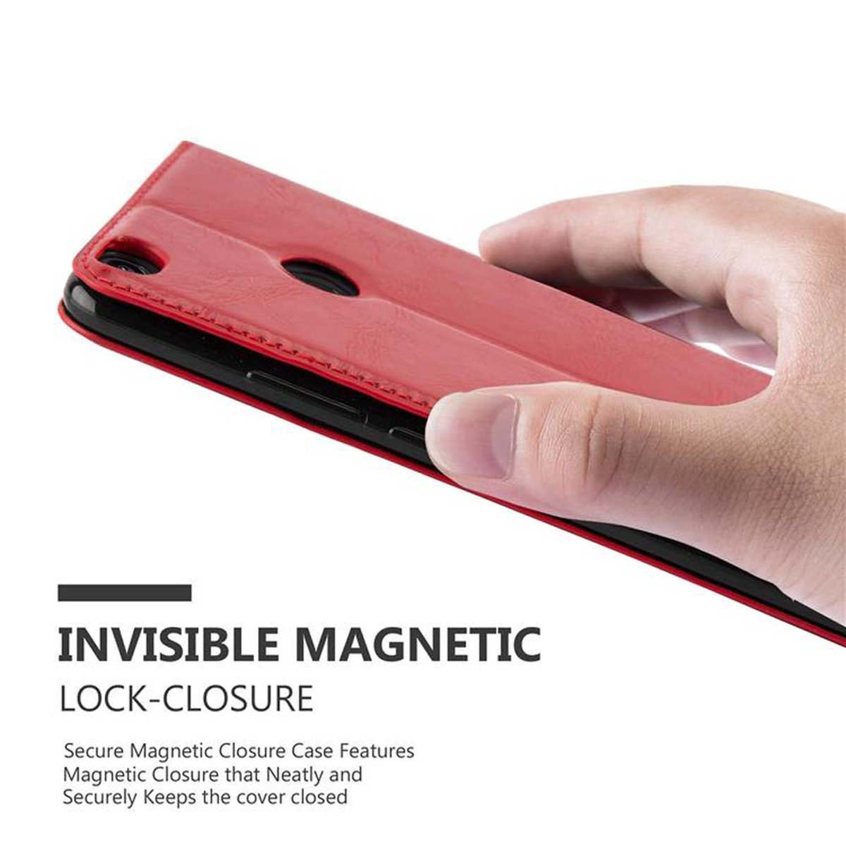 Una custodia rossa per telefono viene tenuta in mano. Il testo recita 'Invisible Magnetic Lock-Closure'.