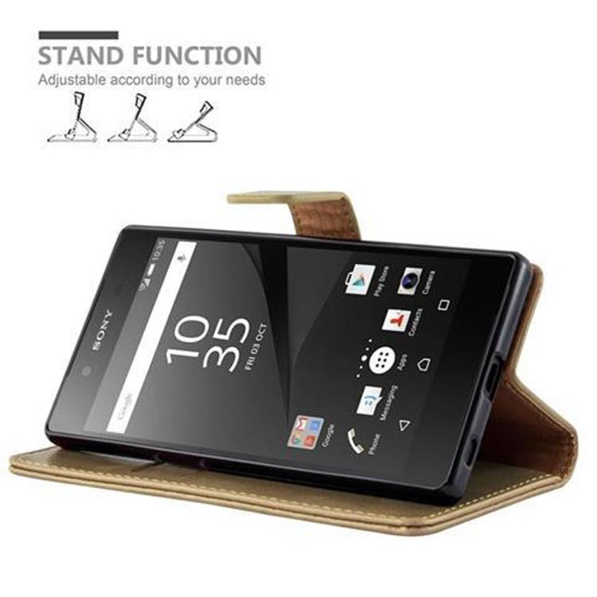 Telefono in una custodia, sollevato per vedere lo schermo. La custodia ha un aspetto in pelle marrone chiaro.