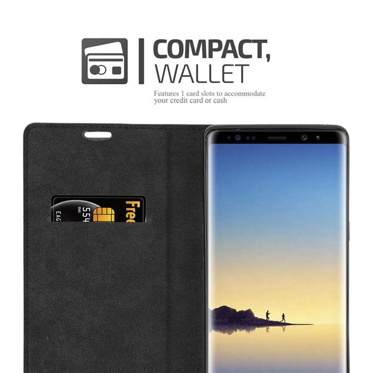 Telefono in una custodia con fessura per carte. Testo: Compatto, Portafoglio. Mostrando una carta di credito.
