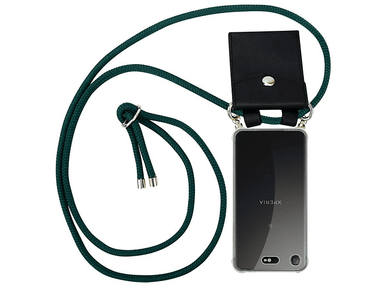 CADORABO Handy Kette mit Gold Xperia Sony, ARMEE Ringen, abnehmbarer und Backcover, Kordel COMPACT, XZ1 Hülle, Band GRÜN