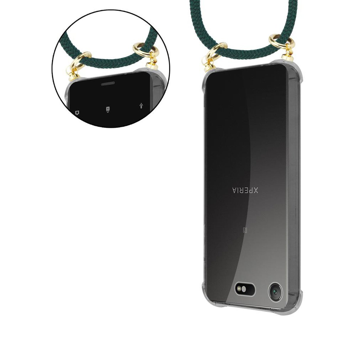Hülle, COMPACT, XZ1 abnehmbarer Sony, Handy Backcover, Xperia Kordel Gold GRÜN Band ARMEE mit und Ringen, CADORABO Kette