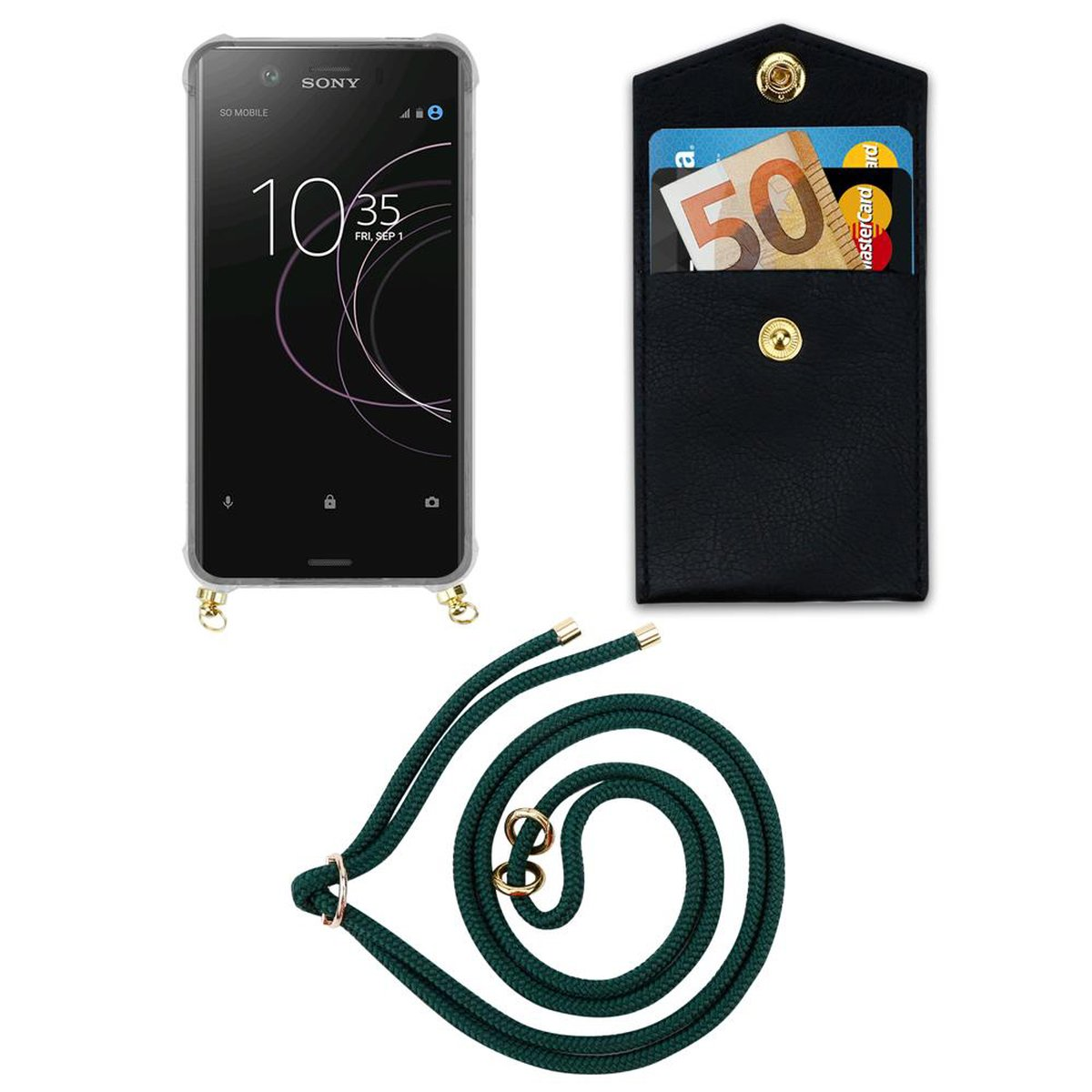 CADORABO Handy Kette mit Gold Xperia Sony, ARMEE Ringen, abnehmbarer und Backcover, Kordel COMPACT, XZ1 Hülle, Band GRÜN