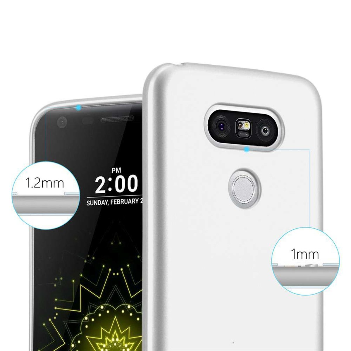 Zwei weiße Handyhüllen mit Smartphone, Uhrzeit und Datum.