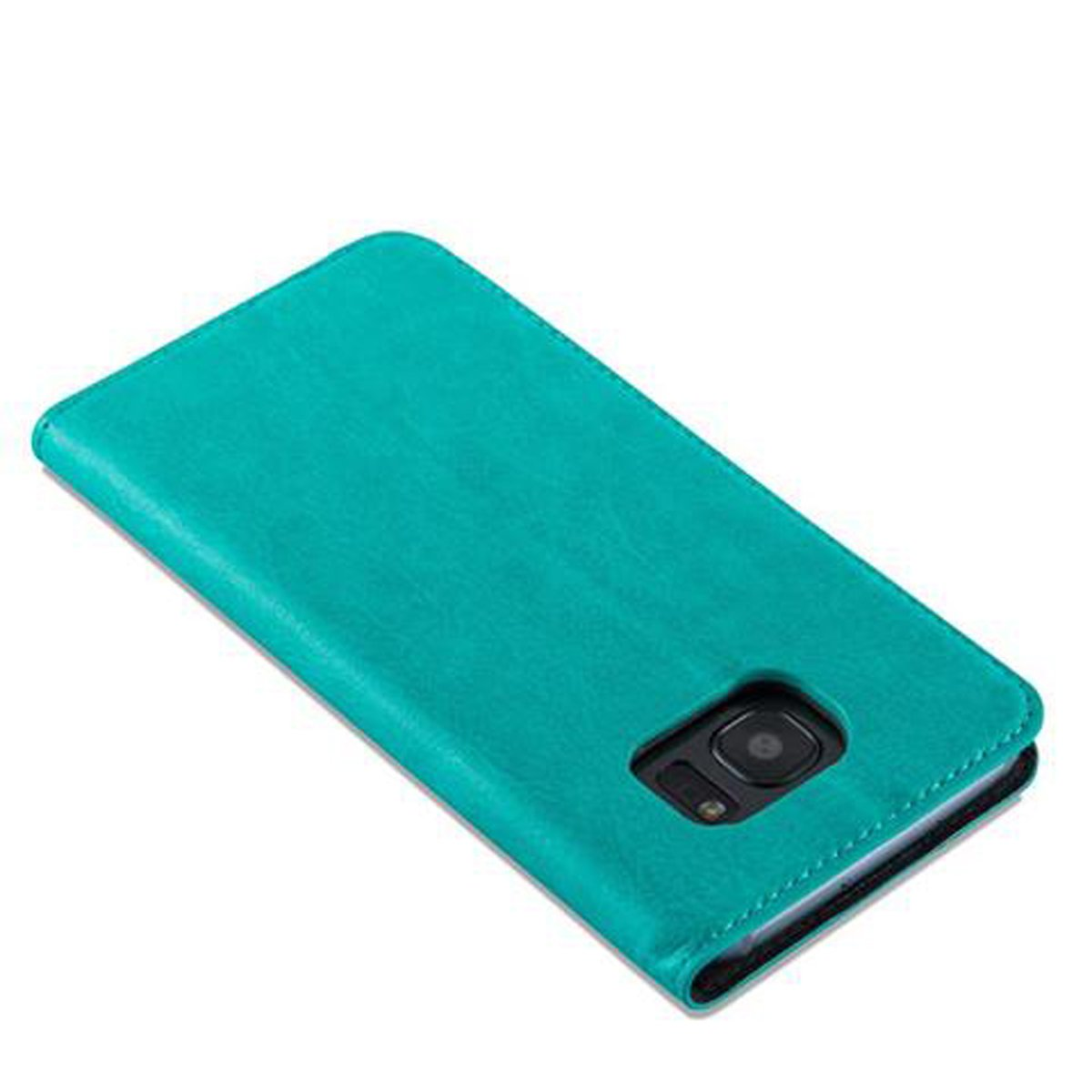 Türkisfarbene Handyhülle mit Telefon. Die Hülle hat eine glatte, lederartige Textur.