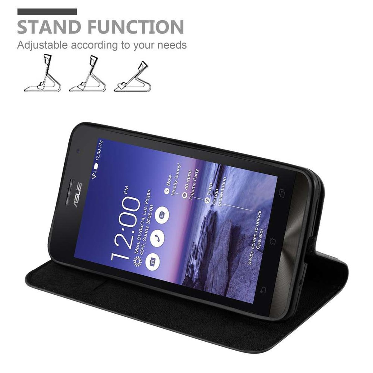 Schwarzes Telefon in einer Hülle. Der Bildschirm des Telefons ist eingeschaltet und zeigt Zeit und Datum an.