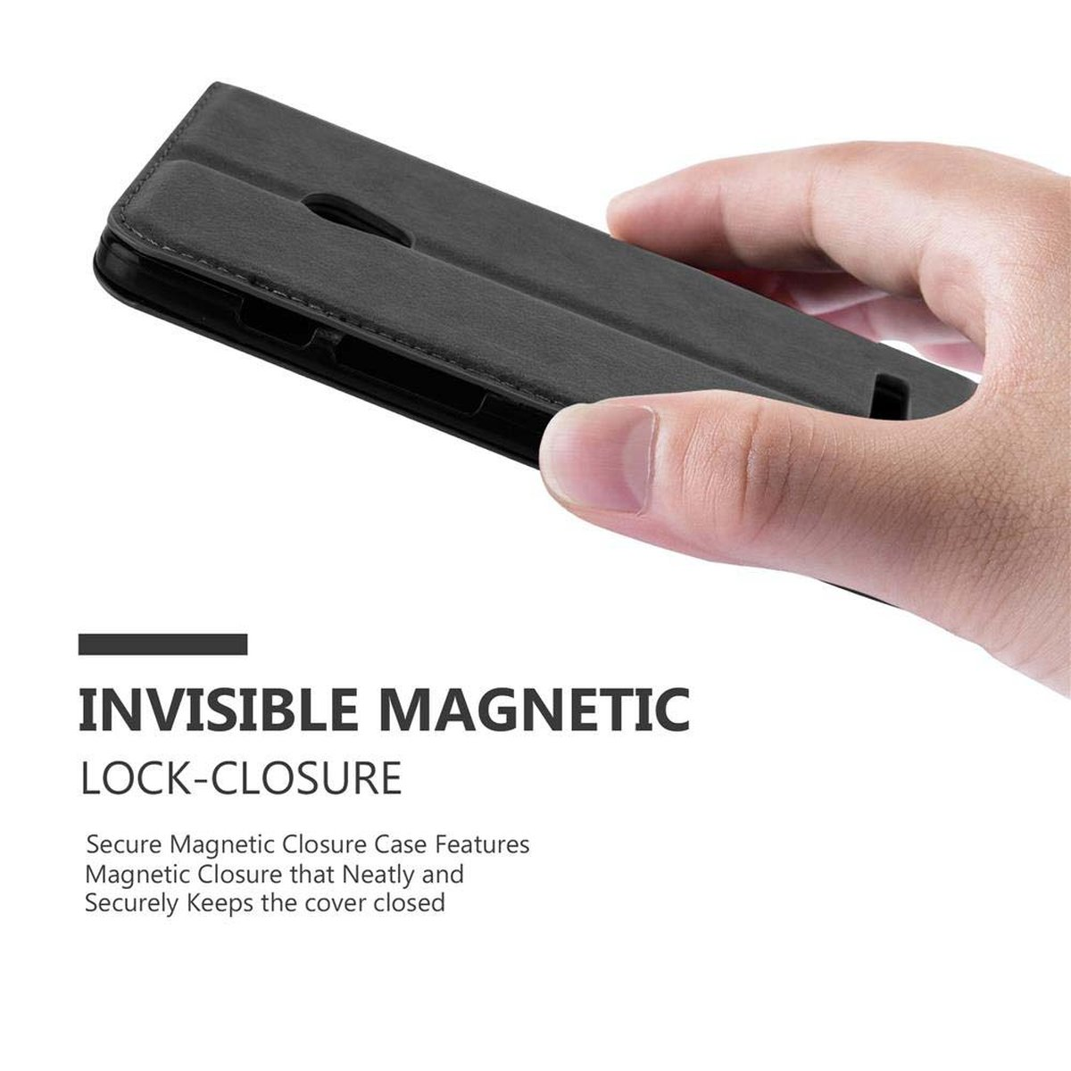 Schwarze Handyhülle mit Text: Invisible Magnetic Lock-Closure. Eine Hand hält die Hülle.