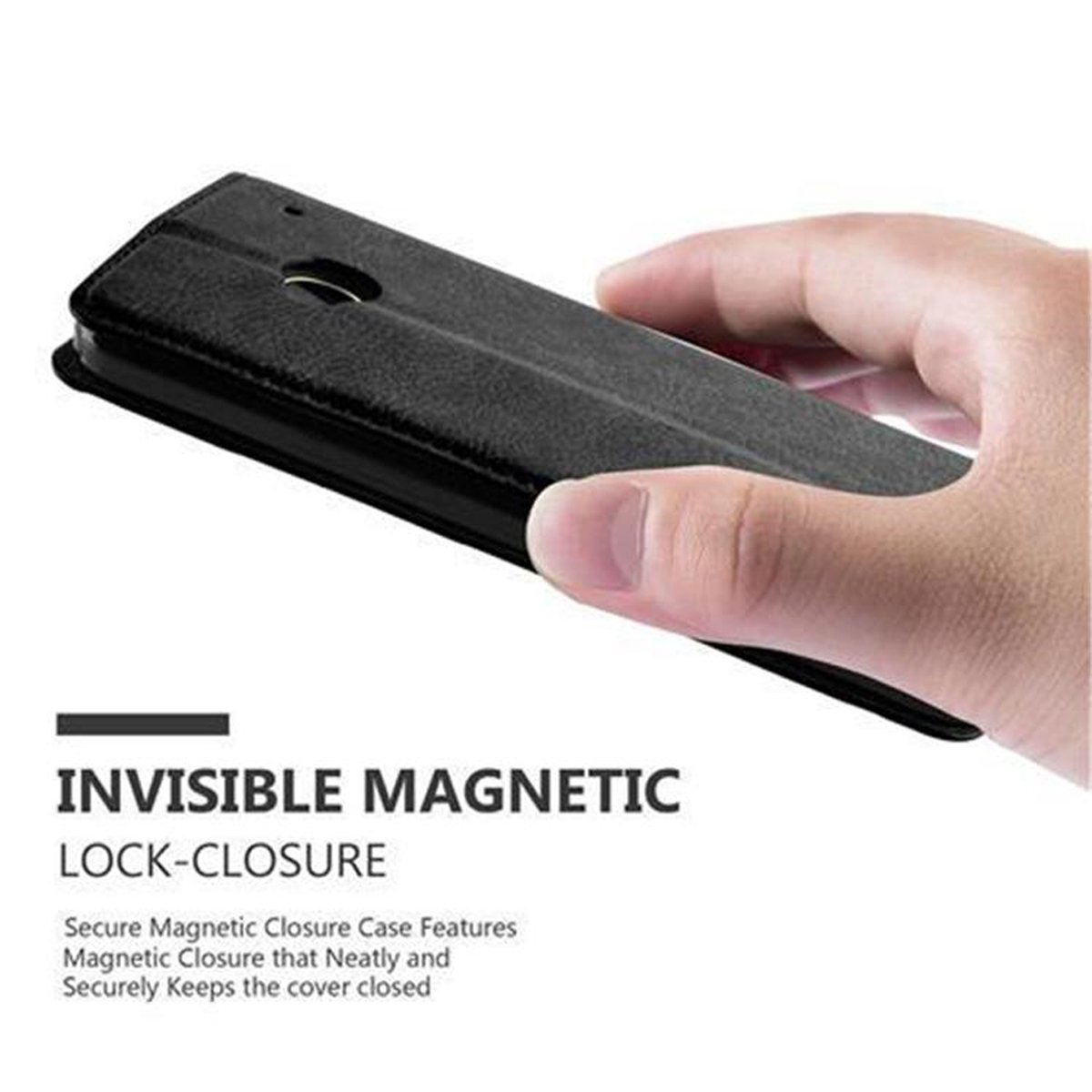 Mano sosteniendo una funda negra para teléfono. Texto: Cierre magnético invisible.