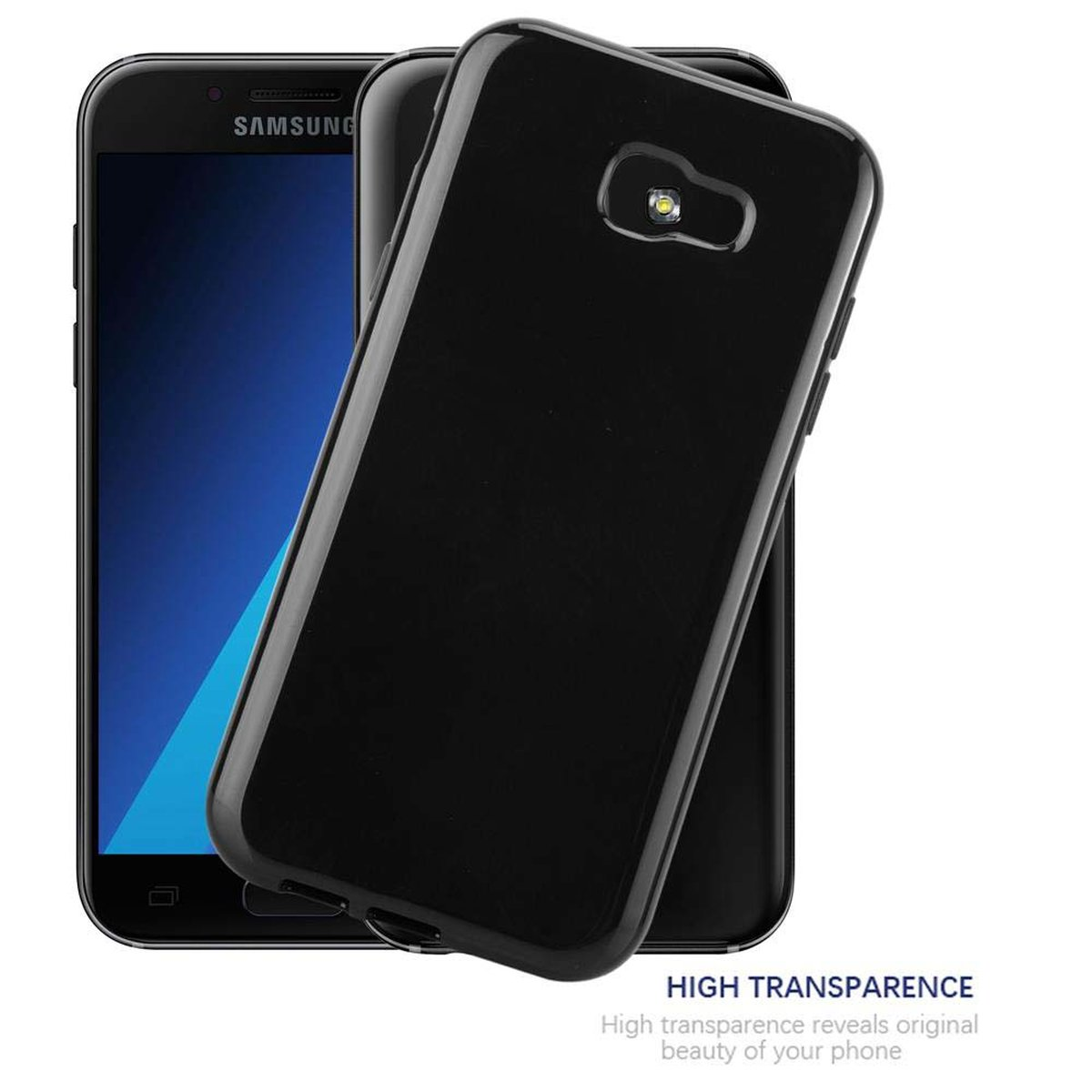 Schwarze Handyhülle auf einem Telefon, mit Text für hohe Transparenz.