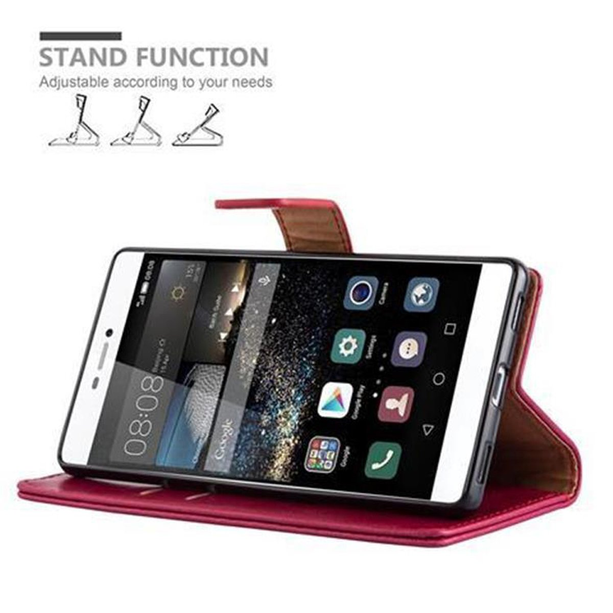 Telefono in una custodia rossa con funzione stand. Lo schermo mostra Google e le app.