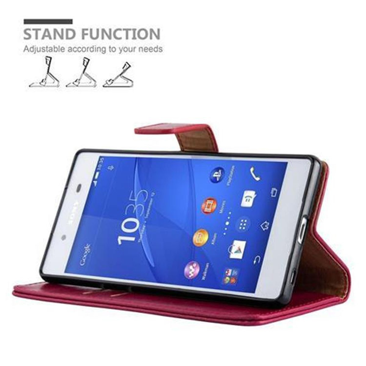 Un telefono in una custodia rossa, mostrato aperto come supporto. Lo schermo mostra l'ora e le icone. Testo in alto.