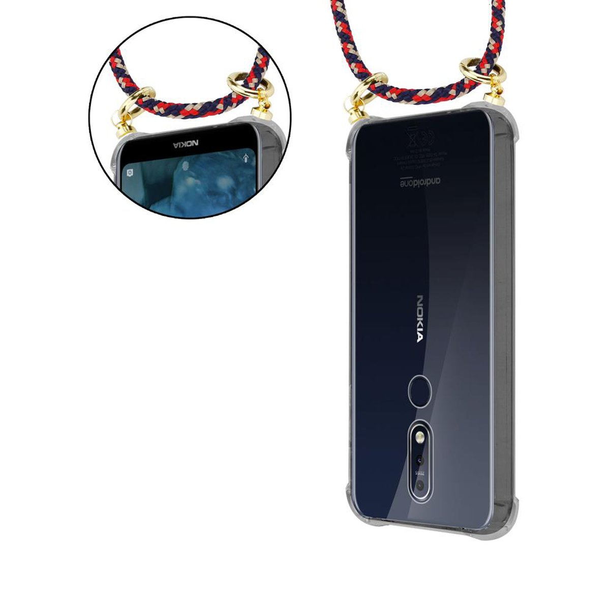 Transparente Handyhülle mit Lanyard. Das Telefon zeigt eine Bildschirmanzeige.