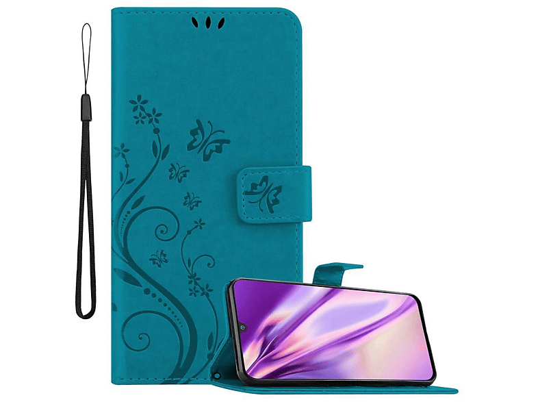 Case, A40s, Galaxy Flower BLAU Muster Samsung, Bookcover, Blumen / M30 Hülle FLORAL CADORABO