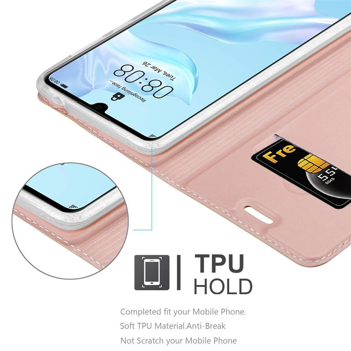 Un telefono con custodia rosa, che mostra lo schermo e una carta nella custodia. Il testo 'TPU HOLD' è in basso.
