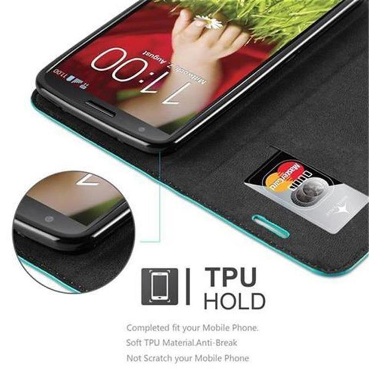 Telefono nero in una custodia. La custodia è aperta, rivelando uno slot per carte di credito e una carta.