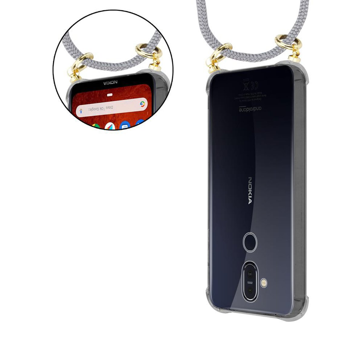 CADORABO Handy mit GRAU Band Backcover, Kordel abnehmbarer Ringen, und Kette Gold SILBER Hülle, 8.1, Nokia
