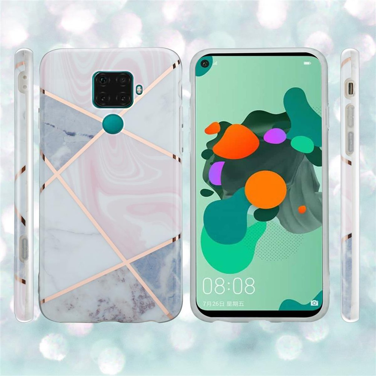 Custodia per telefono con design a marmo. La custodia ha un motivo a marmo bianco con linee oro rosa.