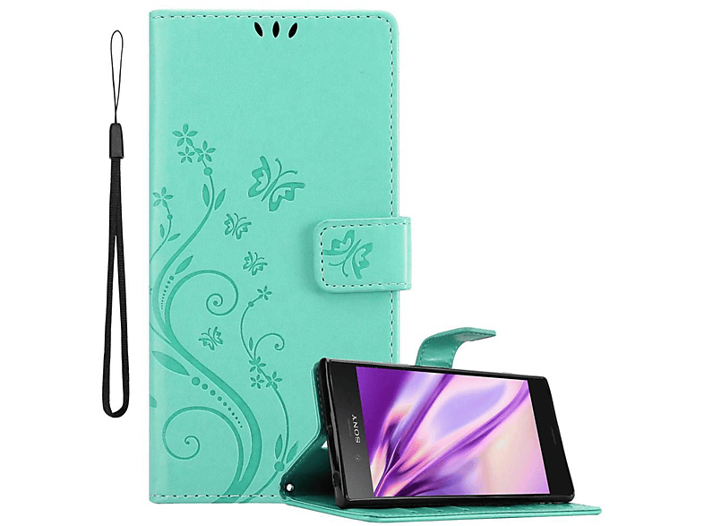 CADORABO Hülle Blumen Muster Bookcover, Flower Case, Xperia XZ1, FLORAL TÜRKIS Sony