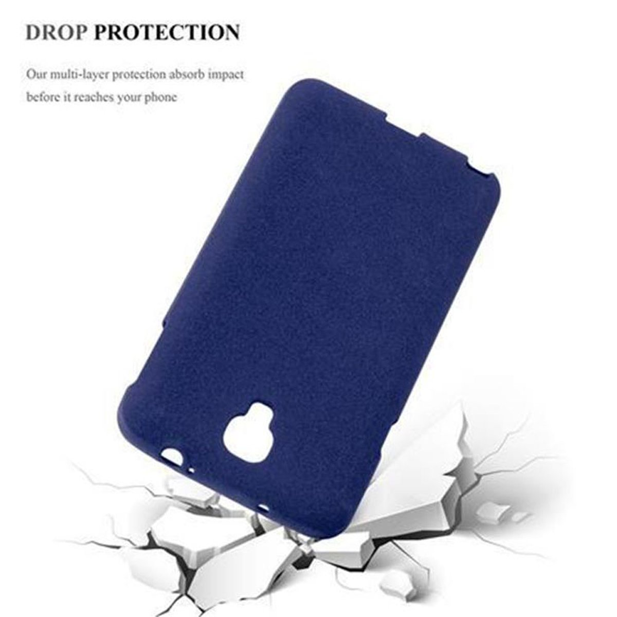 Custodia per telefono blu su sfondo bianco con crepe. La custodia è in alto.