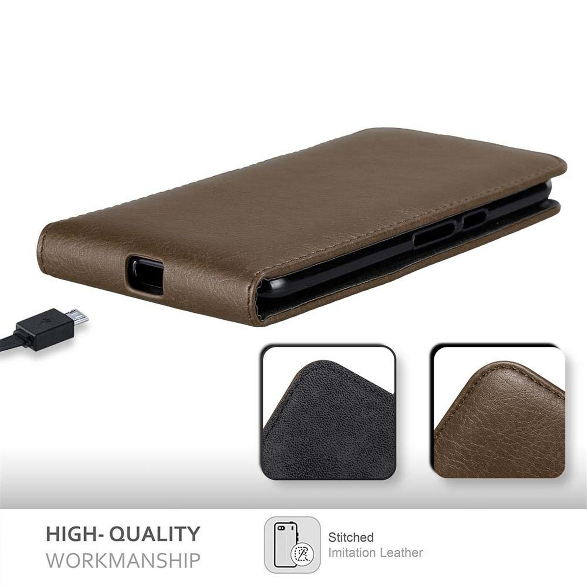 Funda de teléfono marrón con teléfono dentro. Un cable de carga es visible. Texto: Mano de obra de alta calidad.