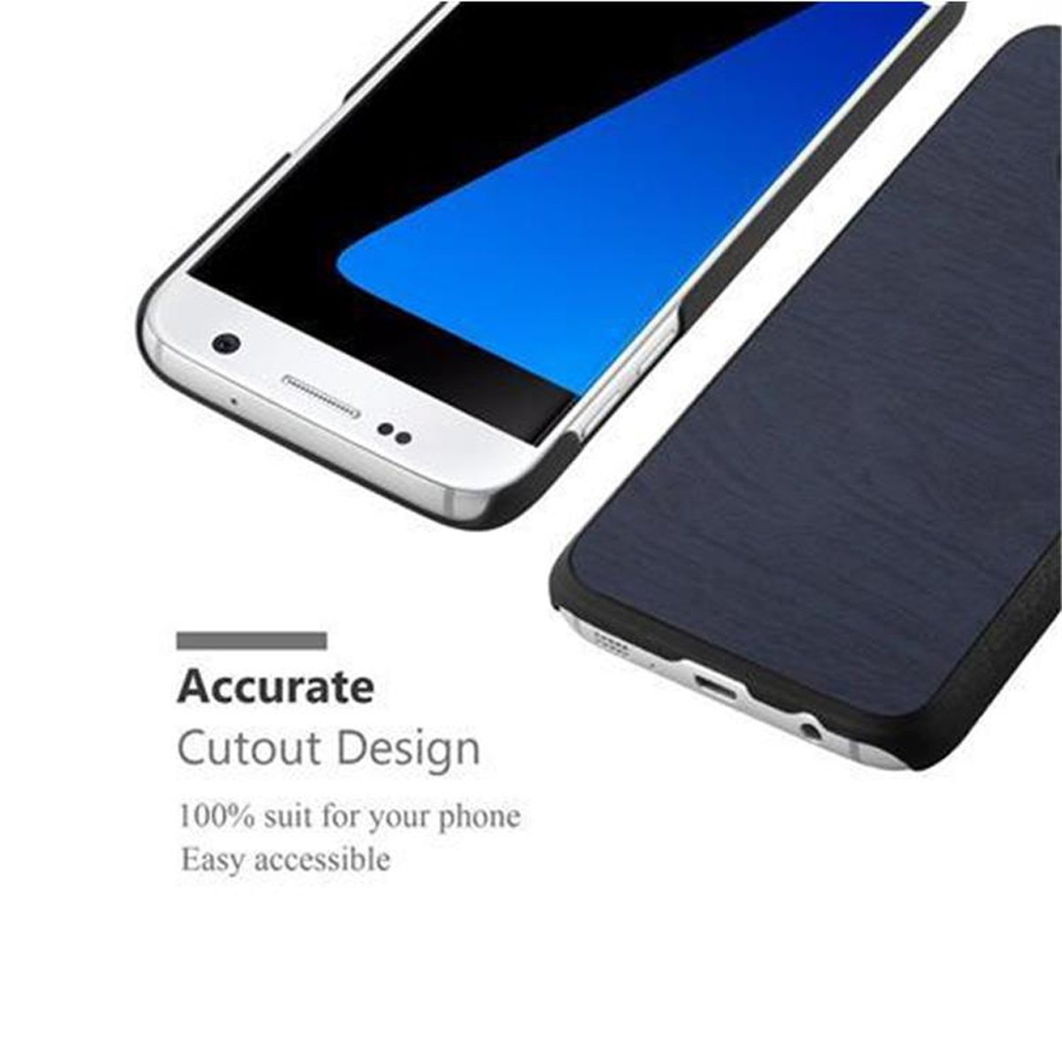 Due telefoni, uno con custodia. Testo: Design preciso. Adatto al 100% al tuo telefono. Facile accesso.