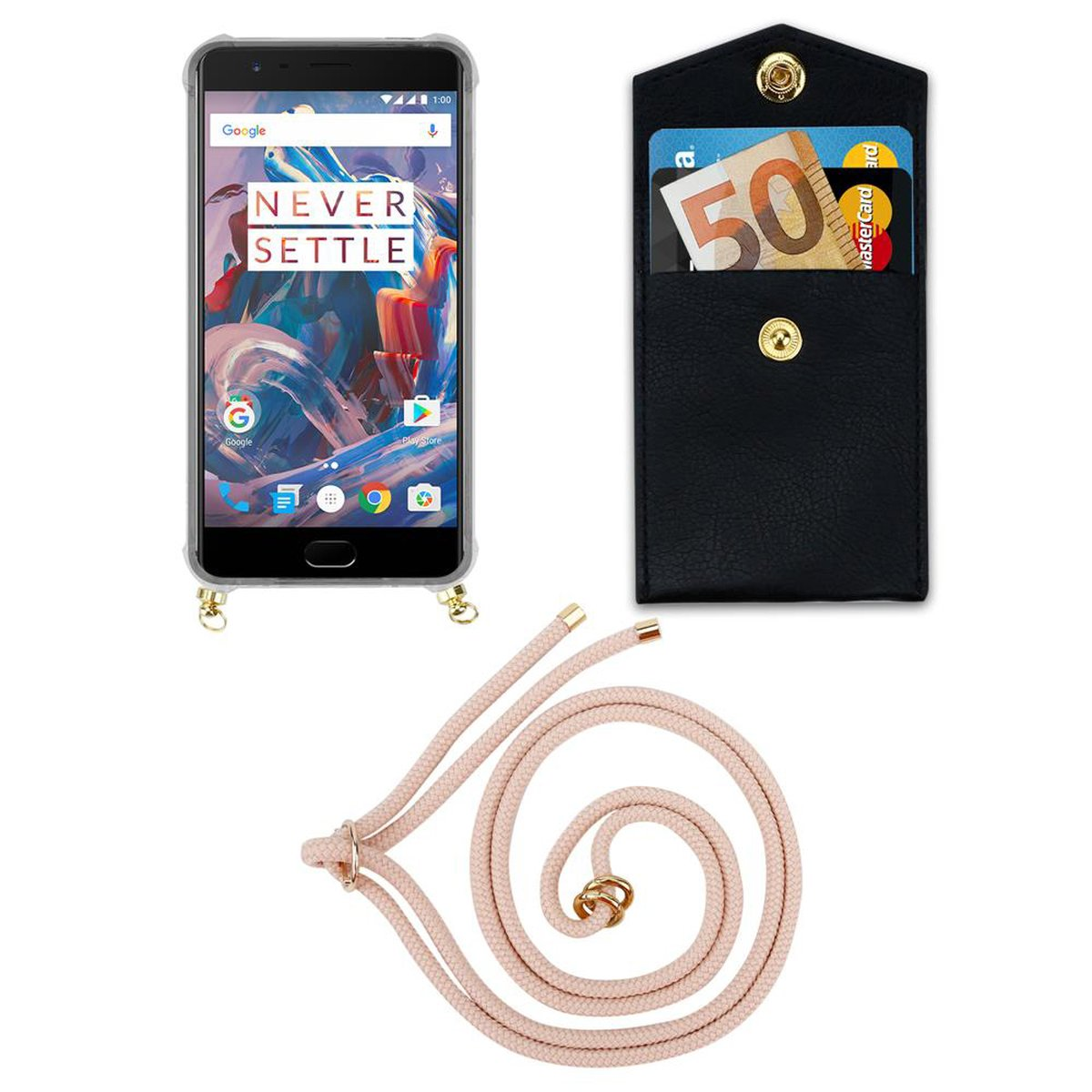 Handy Kette PERLIG OnePlus, Hülle, Kordel CADORABO 3T, Ringen, 3 Band abnehmbarer Gold / Backcover, und mit ROSÉGOLD