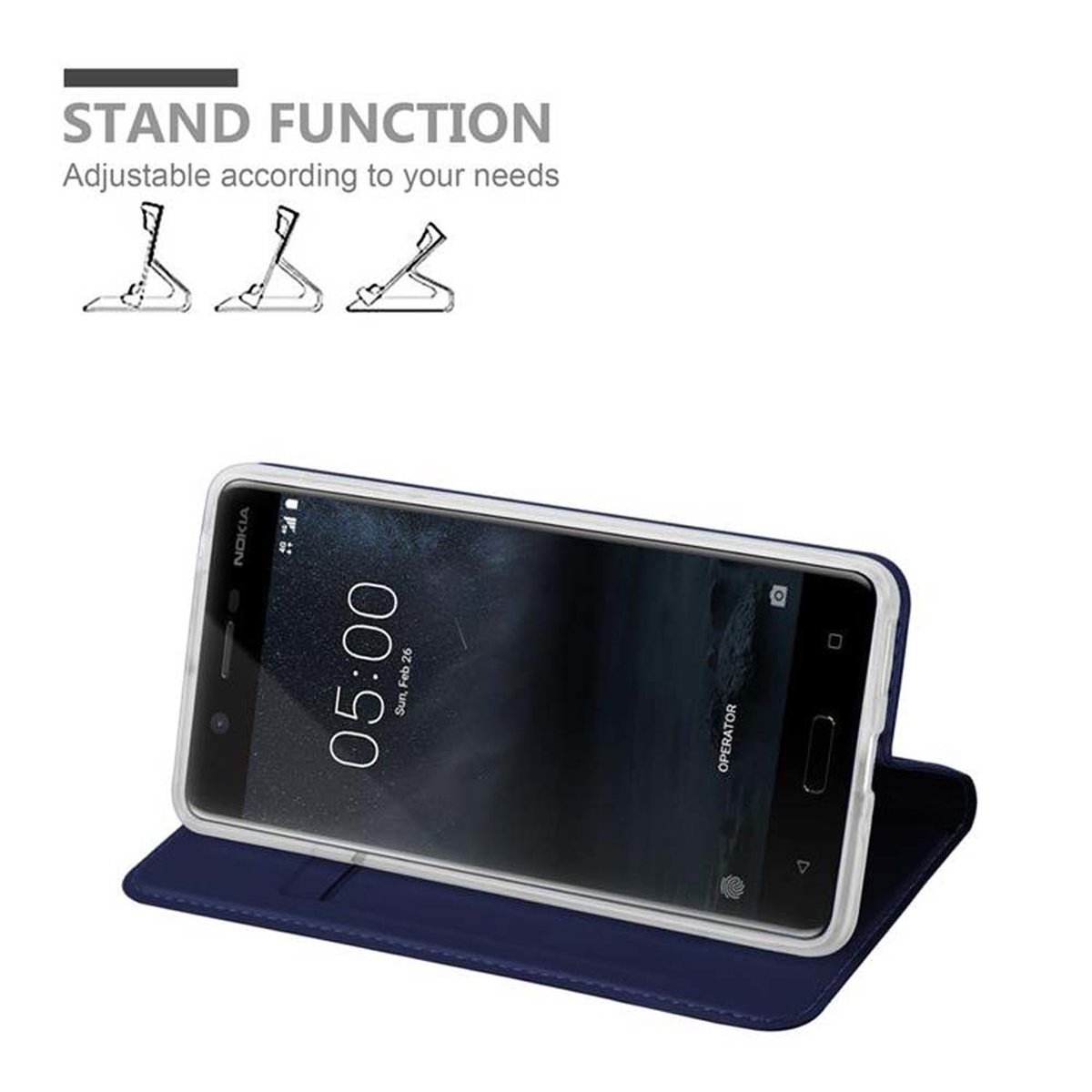 Custodia blu con telefono. Il telefono è in funzione stand.