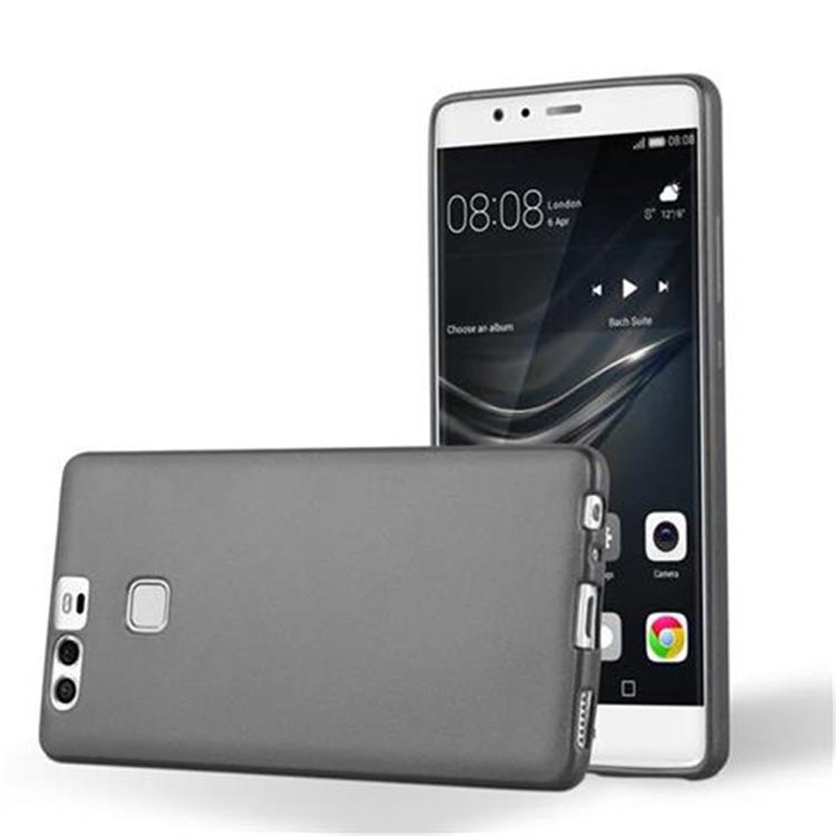 Ein graues Telefon mit grauer Hülle, das Telefon lehnt an der Hülle. Der Telefonbildschirm zeigt die Uhrzeit.