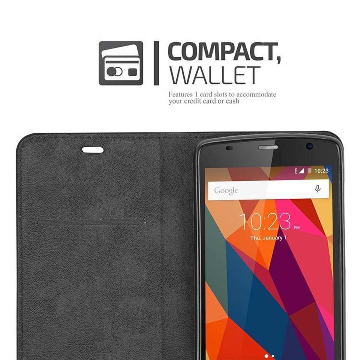Funda negra con teléfono. El teléfono muestra hora y un patrón colorido en la pantalla.
