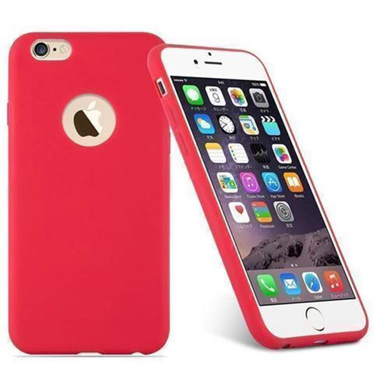 Rote iPhone 6 Hülle mit Apple-Logo, neben dem Telefon mit eingeschaltetem Bildschirm.