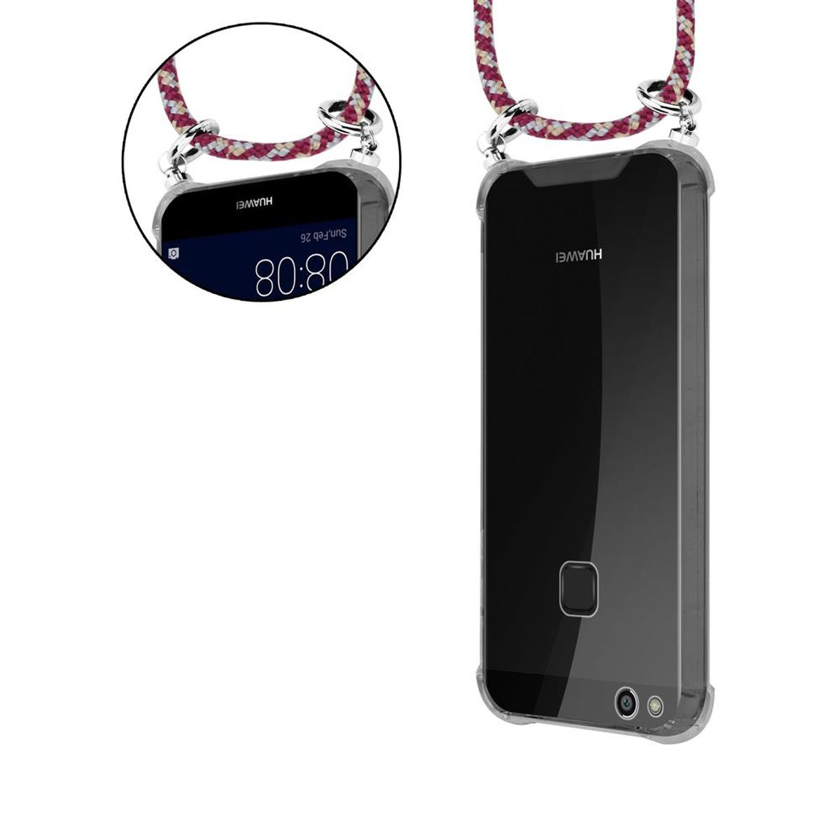 Huawei, Hülle, Handy Kette P10 LITE, mit Silber ROT WEIß und CADORABO Band Backcover, Kordel GELB abnehmbarer Ringen,