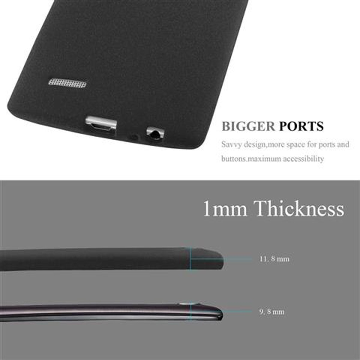 Primer plano de una funda de teléfono que muestra el grosor. El texto dice 'BIGGER PORTS' y '1mm Thickness' con medidas.