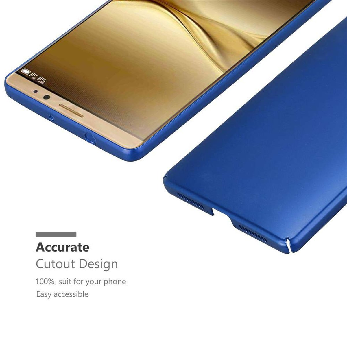 Una funda de teléfono azul y un teléfono con pantalla dorada. La funda está a la derecha, el teléfono a la izquierda.